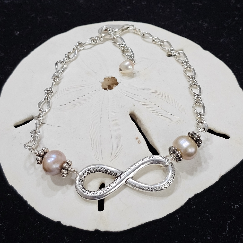 Pearl and 925 Silver Figaro Chain Bracelet Vintage - Picture 1 of 13